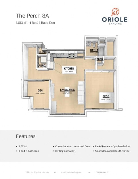 Floor plan for 1 bed, 1 bath, 1013 sqft